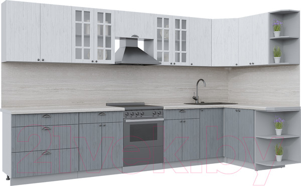 Изображение товара Кухонный гарнитур Интерлиния Берес 1.5x3.6 правая (дуб полярный/дуб серый/травертин серый)
