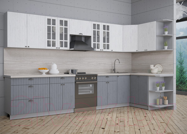 Изображение товара Кухонный гарнитур Интерлиния Берес 1.5x3.6 правая (дуб полярный/дуб серый/травертин серый)