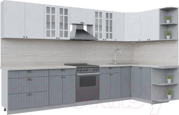 Изображение товара Кухонный гарнитур Интерлиния Берес 1.5x3.5 правая (дуб полярный/дуб серый/травертин серый)