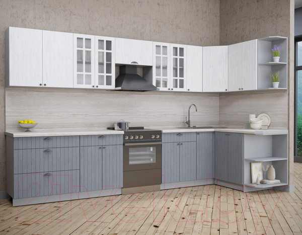 Изображение товара Кухонный гарнитур Интерлиния Берес 1.5x3.5 правая (дуб полярный/дуб серый/травертин серый)