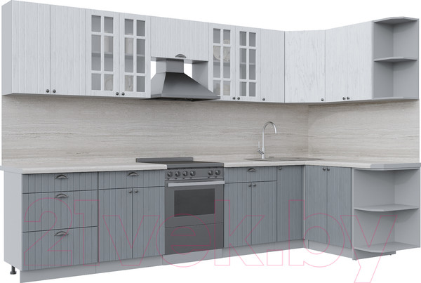 Изображение товара Кухонный гарнитур Интерлиния Берес 1.5x3.3 правая (дуб полярный/дуб серый/травертин серый)