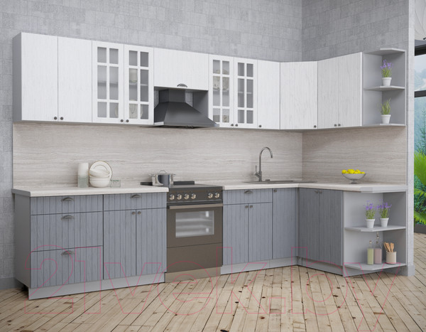 Изображение товара Кухонный гарнитур Интерлиния Берес 1.5x3.3 правая (дуб полярный/дуб серый/травертин серый)