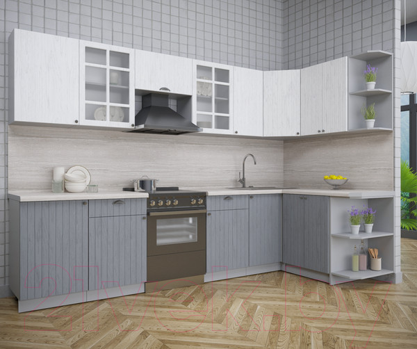 Изображение товара Кухонный гарнитур Интерлиния Берес 1.5x3.1 правая (дуб полярный/дуб серый/травертин серый)