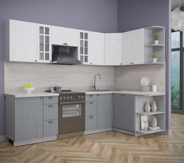 Изображение товара Кухонный гарнитур Интерлиния Берес 1.5x2.7 правая (дуб полярный/дуб серый/травертин серый)