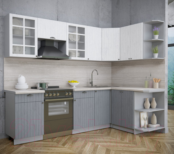 Изображение товара Кухонный гарнитур Интерлиния Берес 1.5x2.6 правая (дуб полярный/дуб серый/травертин серый)