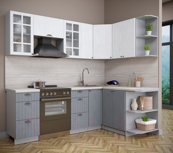 Изображение товара Кухонный гарнитур Интерлиния Берес 1.5x2.3 правая (дуб полярный/дуб серый/травертин серый)