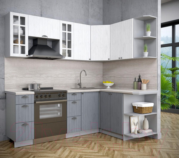 Изображение товара Кухонный гарнитур Интерлиния Берес 1.5x2.2 правая (дуб полярный/дуб серый/травертин серый)