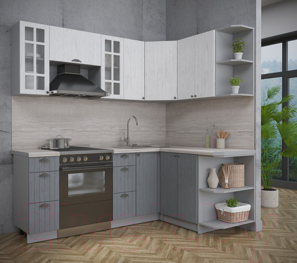 Изображение товара Кухонный гарнитур Интерлиния Берес 1.5x2.1 правая (дуб полярный/дуб серый/травертин серый)