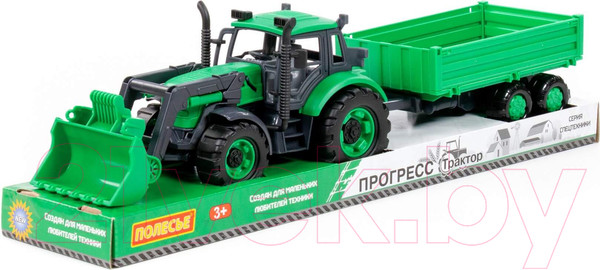 Изображение товара Трактор игрушечный Полесье С бортовым прицепом и ковшом инерционный / 94650 (зеленый)