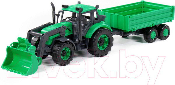 Изображение товара Трактор игрушечный Полесье С бортовым прицепом и ковшом инерционный / 94650 (зеленый)