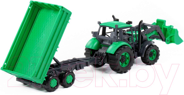 Изображение товара Трактор игрушечный Полесье С бортовым прицепом и ковшом инерционный / 94650 (зеленый)