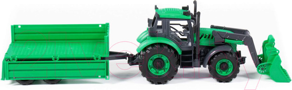 Изображение товара Трактор игрушечный Полесье С бортовым прицепом и ковшом инерционный / 94650 (зеленый)