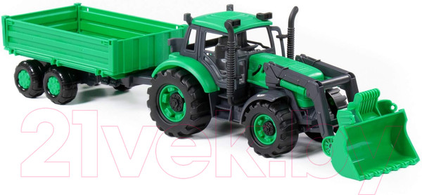Изображение товара Трактор игрушечный Полесье С бортовым прицепом и ковшом инерционный / 94650 (зеленый)