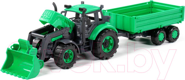 Изображение товара Трактор игрушечный Полесье С бортовым прицепом и ковшом инерционный / 94650 (зеленый)