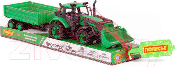 Изображение товара Трактор игрушечный Полесье С бортовым прицепом и ковшом инерционный / 94650 (зеленый)