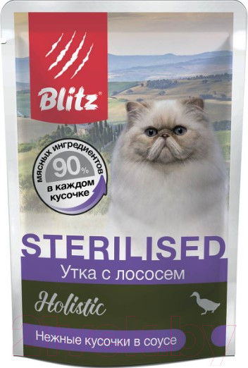 Изображение товара Влажный корм для кошек Blitz Pets Holistic Sterilised Утка с лососем Нежные кусочки в соусе / 4114 (85г)