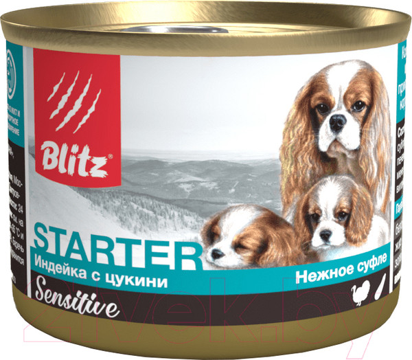 Изображение товара Влажный корм для собак Blitz Pets Sensitive Starter Индейка с цукини Нежное суфле / 4050 (0.2кг)