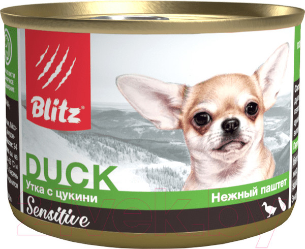 Изображение товара Влажный корм для собак Blitz Pets Sensitive Утка с цукини Нежный паштет / 4051 (0.2кг)