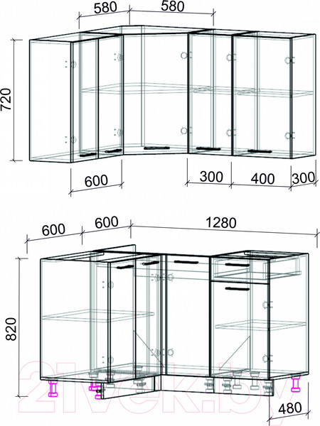 Изображение товара Кухонный гарнитур Интерлиния Мила Лайт 1.2x1.3 без столешницы (дуб белый/дуб серый)