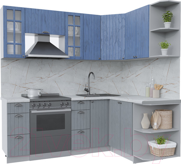 Изображение товара Кухонный гарнитур Интерлиния Берес 1.5x2.1 правая (дуб лазурный/дуб серый/серый каспий)