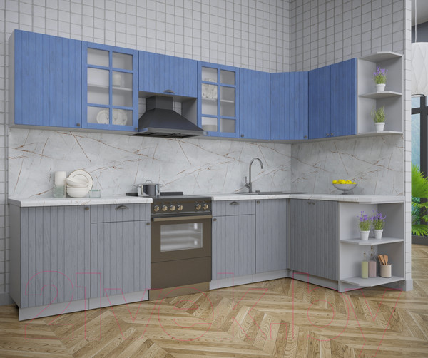 Изображение товара Кухонный гарнитур Интерлиния Берес 1.5x3.1 правая (дуб лазурный/дуб серый/серый каспий)
