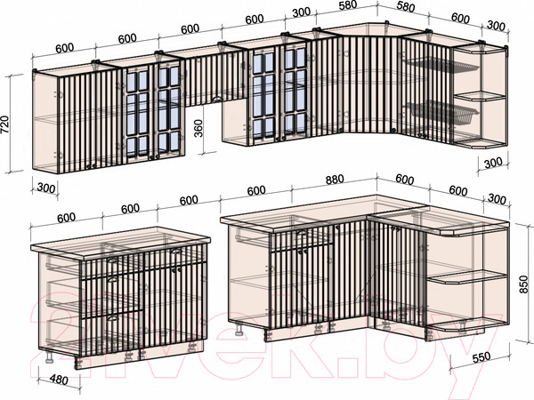 Изображение товара Кухонный гарнитур Интерлиния Берес 1.5x3.3 правая (дуб лазурный/дуб серый/серый каспий)