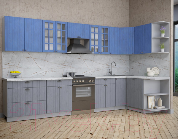 Изображение товара Кухонный гарнитур Интерлиния Берес 1.5x3.5 правая (дуб лазурный/дуб серый/серый каспий)