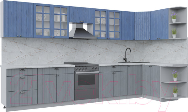 Изображение товара Кухонный гарнитур Интерлиния Берес 1.5x3.8 правая (дуб лазурный/дуб серый/серый каспий)