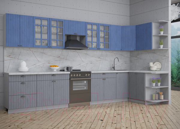 Изображение товара Кухонный гарнитур Интерлиния Берес 1.5x3.8 правая (дуб лазурный/дуб серый/серый каспий)