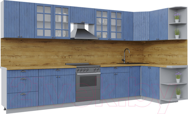 Изображение товара Кухонный гарнитур Интерлиния Берес 1.5x3.7 правая (дуб лазурный/дуб бунратти)