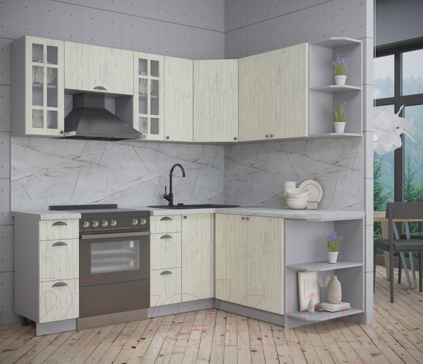 Изображение товара Кухонный гарнитур Интерлиния Берес 1.7x2.1 правая (дуб снежный/серый каспий)