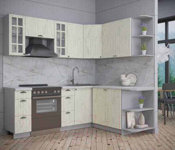 Изображение товара Кухонный гарнитур Интерлиния Берес 1.7x2.2 правая (дуб снежный/серый каспий)