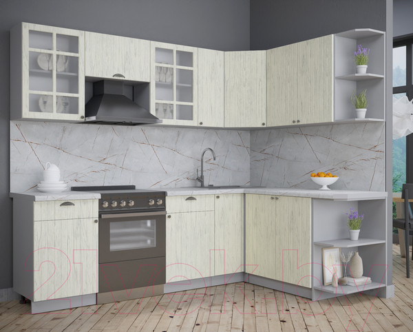 Изображение товара Кухонный гарнитур Интерлиния Берес 1.7x2.5 правая (дуб снежный/серый каспий)