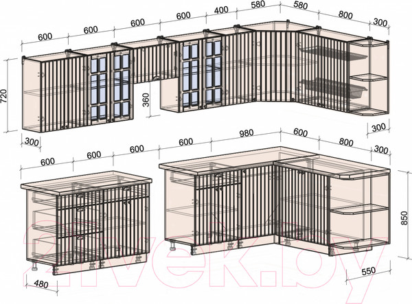 Изображение товара Кухонный гарнитур Интерлиния Берес 1.7x3.4 правая (дуб лазурный/дуб бунратти)