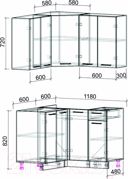 Изображение товара Кухонный гарнитур Интерлиния Мила Лайт 1.2x1.2 без столешницы (белый платинум/дуб золотой)