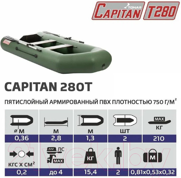 Изображение товара Надувная лодка Тонар Капитан 280Т (зеленый)