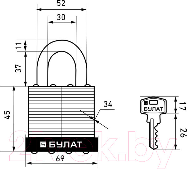 Изображение товара Замок навесной БУЛАТ ВС 0165 5 ключей