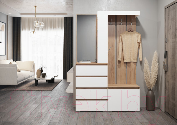 Изображение товара Секция в прихожую Стендмебель Хелен ПР 01 (белый/дуб крафт золото)