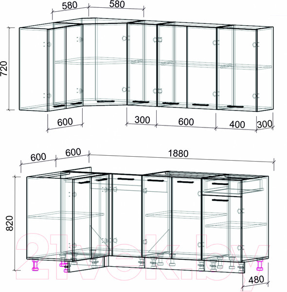 Изображение товара Кухонный гарнитур Интерлиния Мила Лайт 1.2x1.9 без столешницы (дуб белый/дуб золотой)