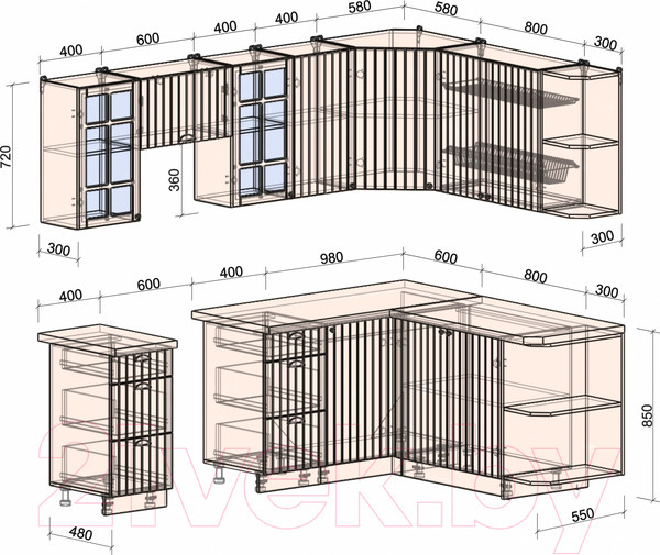 Изображение товара Кухонный гарнитур Интерлиния Берес 1.7x2.4 правая (дуб снежный/дуб королевский/серый каспий)