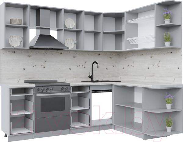 Изображение товара Кухонный гарнитур Интерлиния Берес 1.7x2.4 правая (дуб снежный/дуб королевский/серый каспий)