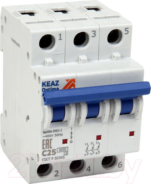Изображение товара Выключатель автоматический КЭАЗ 3P C 25А 6кА OptiDin BM63-3C25-УХЛ3 / 260794