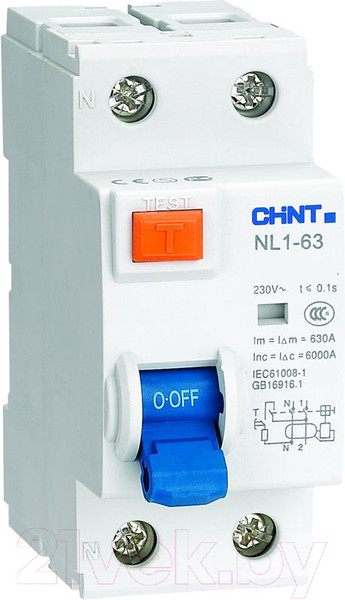 Изображение товара Устройство защитного отключения Chint NL1-63 6kA 2P 63A 30mA тип AC(DB) (R)