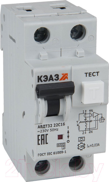 Изображение товара Дифференциальный автомат КЭАЗ АВДТ32-22C32 2P C 32А 30мА тип A 6кА A УХЛ4 / 228068