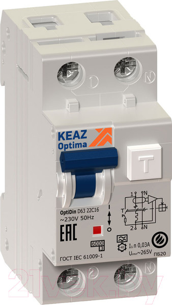 Изображение товара Дифференциальный автомат КЭАЗ OptiDin D63 2P (1P+N) C 6А 30мА тип A 6кА УХЛ4 / 103505