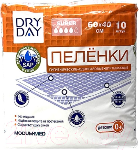 Изображение товара Набор пеленок одноразовых детских Modum Dry Day Super 60x40 (10шт)