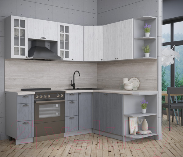 Изображение товара Кухонный гарнитур Интерлиния Берес 1.7x2.1 правая (дуб полярный/дуб серый/травертин серый)