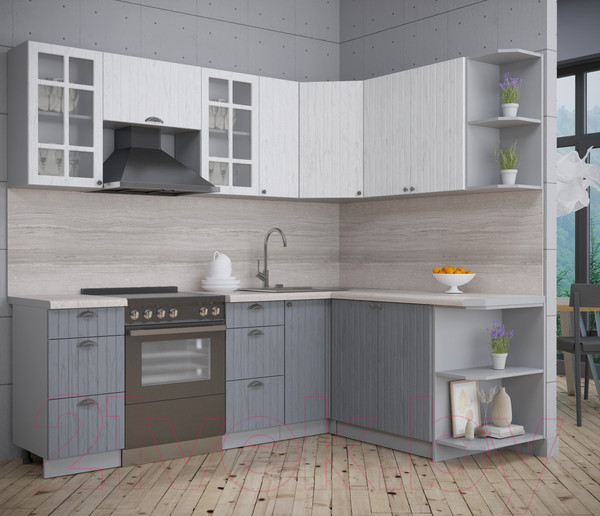 Изображение товара Кухонный гарнитур Интерлиния Берес 1.7x2.3 правая (дуб полярный/дуб серый/травертин серый)