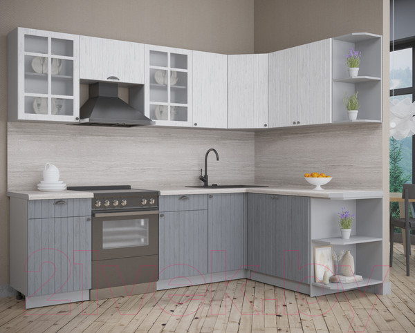 Изображение товара Кухонный гарнитур Интерлиния Берес 1.7x2.6 правая (дуб полярный/дуб серый/травертин серый)