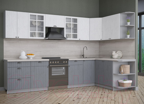 Изображение товара Кухонный гарнитур Интерлиния Берес 1.7x3.2 правая (дуб полярный/дуб серый/травертин серый)